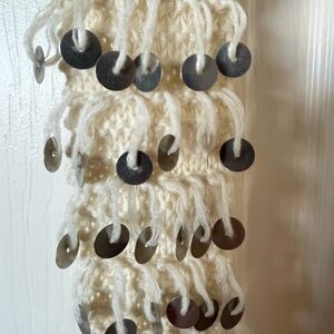 RARE Vintage Free People Cream and Silver Metal Sequin Knitted Scarf